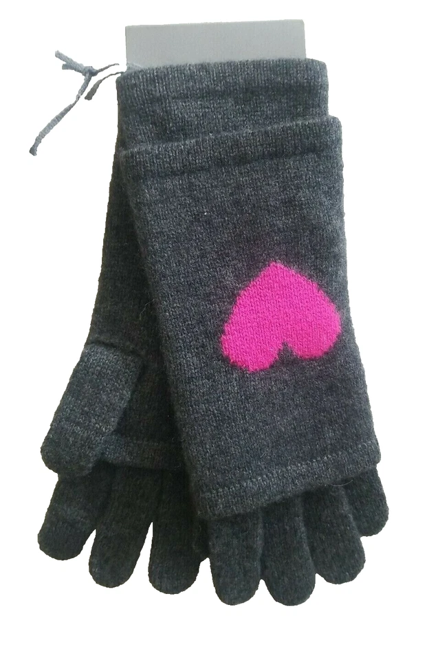 Guantes convertibles Hannah Rose 100 % cachemir para texto telefónico 3 en 1 gris con corazón rosa NW Foto 4 de 4