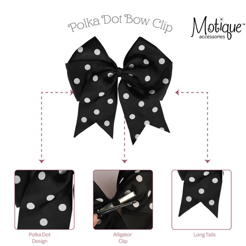 7.5 Inch Polka Dot Hair Bow with Tails Grosgrain Ribbon Hair Clip - Picture 4 of 17