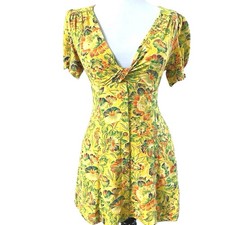 Y2K URBAN OUTFITTERS Babydoll Linen Floral Twist Front Smocked Mini Dress XS