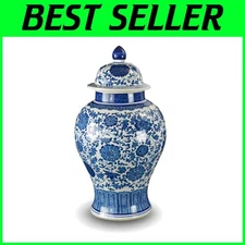 Traditional 20" Floral and Sea Wave Temple Jar Vase - Classic Porcelain Elegance