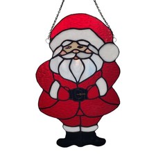 Vintage Christmas Stained Art Glass Santa Claus Hanging Panel 15" x 9 "