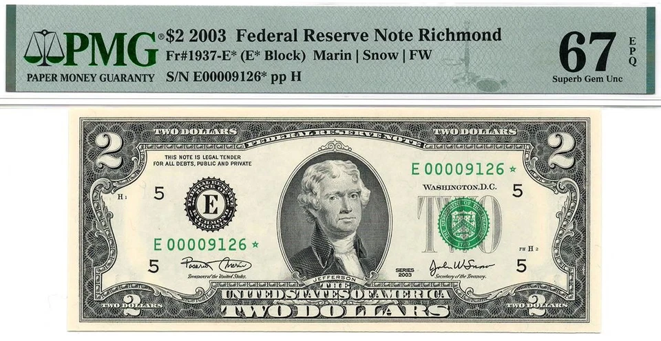 2003* $2 Richmond STAR Federal Reserve Note 1937-E* LOW Serial • PMG 67 EPQ - Image 2 of 3