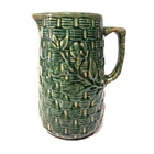 McCoy Basketweave Pitcher Green Art Pottery Floral Relief Vintage USA