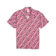 PUMA X Palm Tree Crew Graphic Short Sleeve Button Up Shirt Mens Pink Casual Top