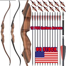 60" Takedown Recurve Bow 25-60lbs 12x Arrows Wooden Archery Adult Target Hunting