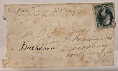 CLIFTON FORGE VA c 1870s Cover Manuscript to BLACKSBURG VA forwarded BUCHANAN