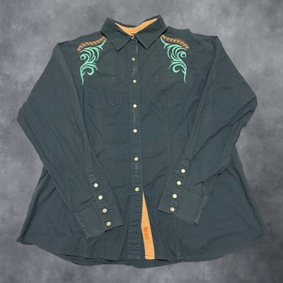Cruel Girl Western Snap Shirt XXL Teal Blue Embroidered Scroll Long Sleeve Top