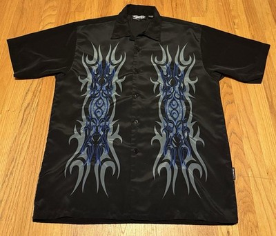 Dragonfly Flames Y2K Grunge Shirt Men Large Black Red Tattoo Biker Button Up