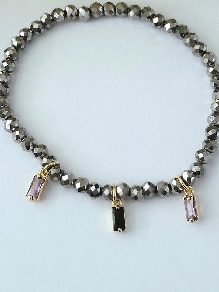 Sylvie's Handmade Kristall Armband grau metallic mit 3 Anhänger, 18 cm, Neu/H070 - Bild 2 von 3