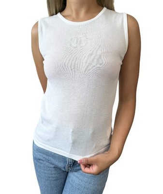 CHANEL Vintage 06P CC Logo Knit Tank Top #38 Pullover White Cotton