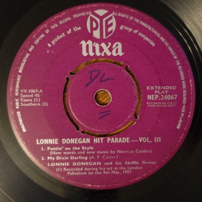 Lonnie Donegan   Hit Parade Vol. III EP Record 1957 PYE Nixa Skiffle 45 RPM