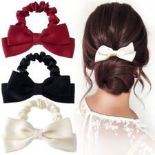 3 PCS Bow Hair Scrunchie For Women Soft Ribbon Bowknot Black Red White Ropes
