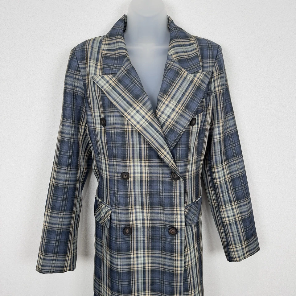 Chaqueta Avec Les Filles Mujer Mediana Azul A Cuadros Larga Trinchera Doble Pecho DEFECTUOSA Foto 2 de 4