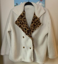 Womens Leopard Print Teddy Jacket Cream & Brown Lightweight Coat Size XXL