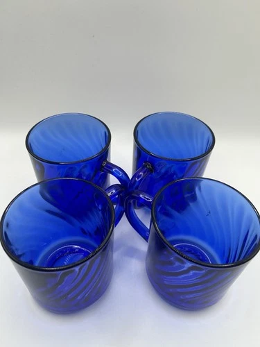 Vintage Arcoroc France Cobalt Blue Coffee Cup Swirl Pattern  3 1/2"  Set of 4