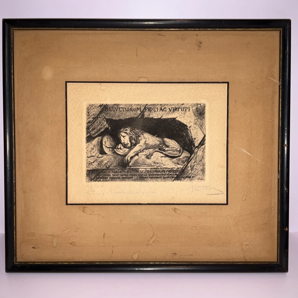 Monumento al León de Lucerna Suiza Lápiz Firmado Grabado Artista STUBER 1930’s Foto 2 de 4