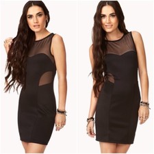 FOREVER 21 F21 Scuba Mesh Cutout Fitted Bodycon Dress BLACK Sz Small S
