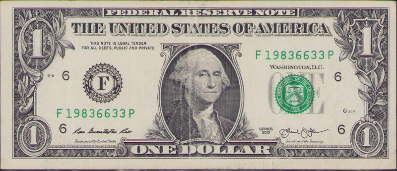 2013 US $1 Dollar Bill Banknote Fancy Serial # F 19836633P James Bond Octopussy