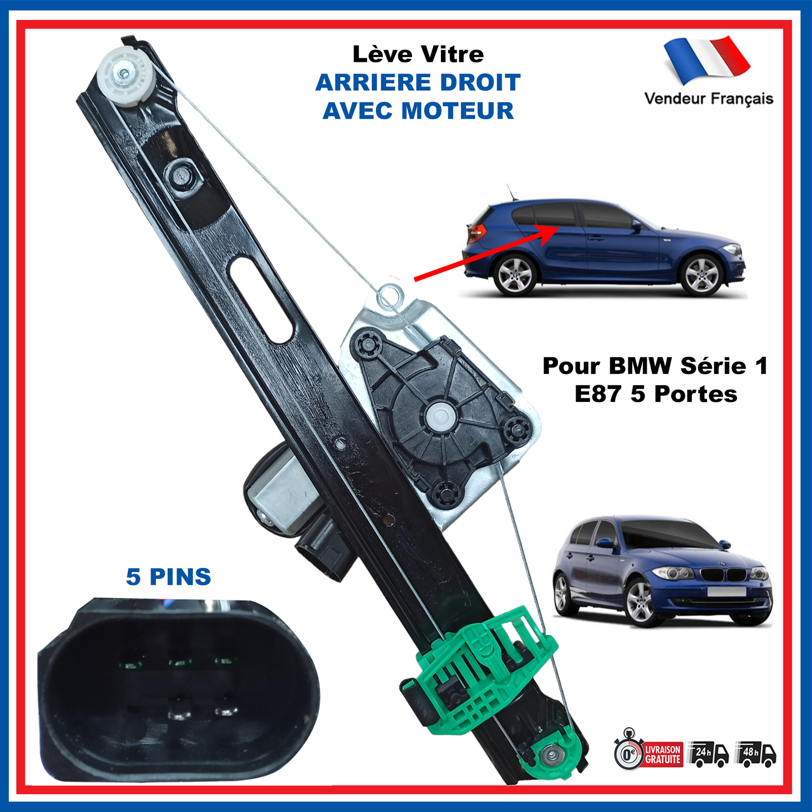 Mécanisme lève-vitre BMW E87 arrière droit avec moteur silencieux 12V 6927026