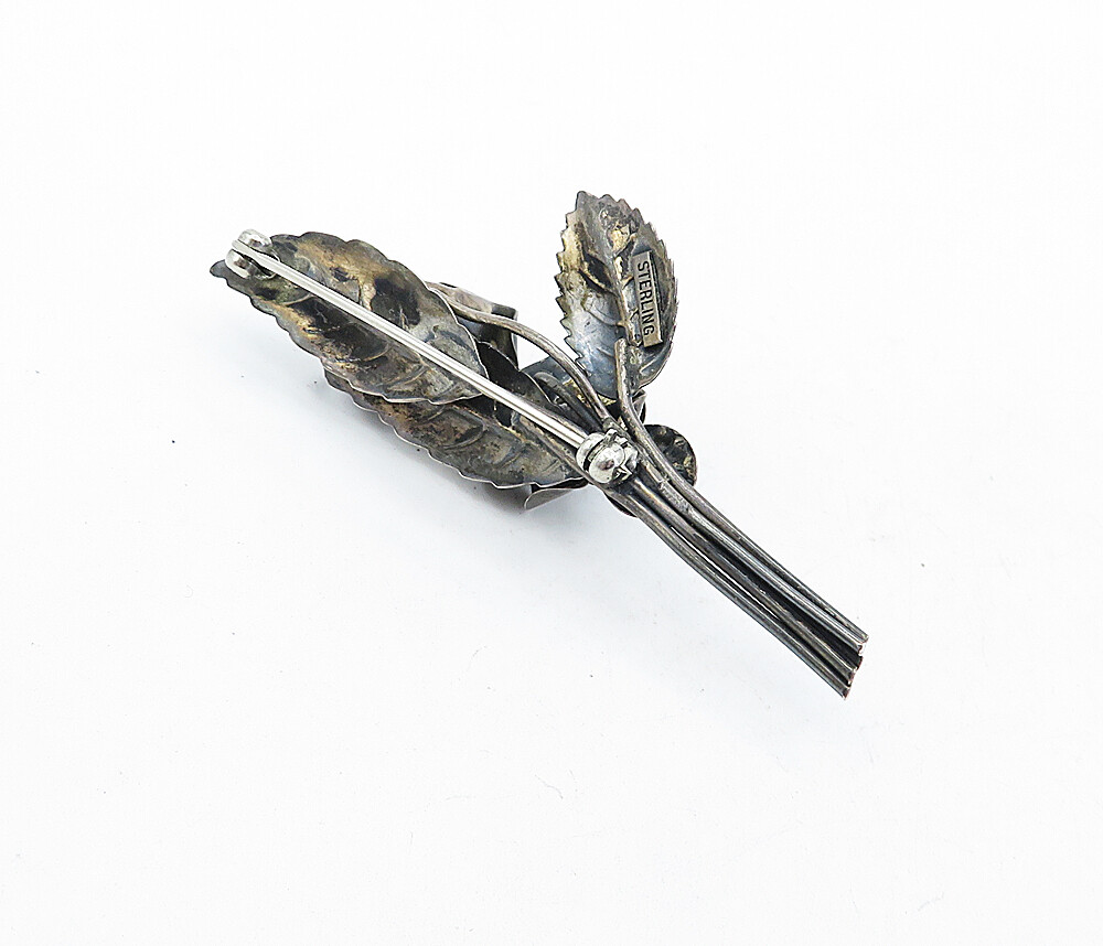 梅花92 925 Sterling Silver Vintage Oxidized Sculpted Flowers Motif