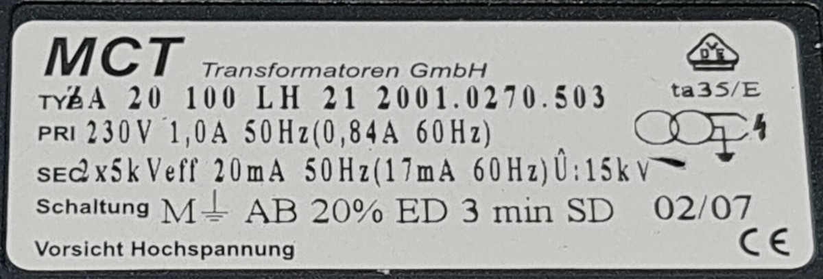 MCT TRANSFORMATOREN GMBH IGNITION TRANSFORMER TYPE