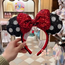 Disney Parks Polka Dot Red Bow Minnie Mickey Mouse Sequin Black Ears Headband US