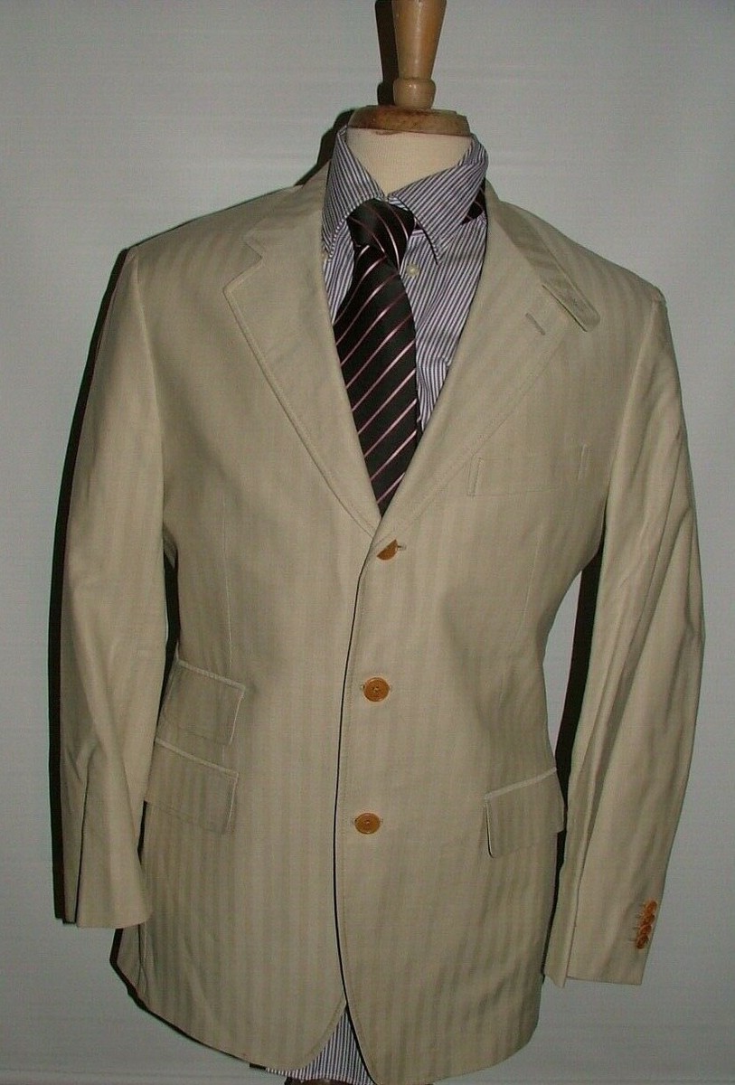 MENS ETRO MILANO BLAZER SIZE 44 R 100% COTTON BEIGE STRIPED #155