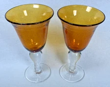 Set of (2) Artland Iris Wine Water Goblets Hand Blown Amber Seeded Bubble Glass