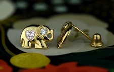 14k Yellow Gold Elephant CZ Heart Stud Earrings Screwback