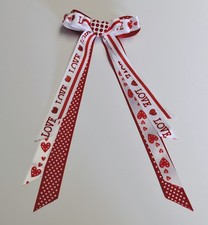Valentine 4" Hair Bow Ponytail Streamers Red Hearts LOVE French Barrette OOAK