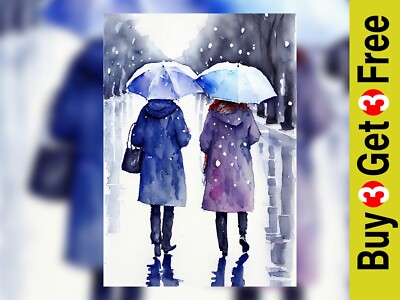 Inmitten des Regengusses: Aquarelldruck von zwei Freunden im Regen 5 Zoll x 7