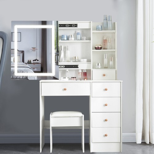 White Dressing Table Stool Set Vanity Desk w/ LED Lights Makeup Sliding Mirror