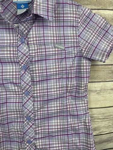 Columbia Girls Small Plaid Outdoor Shirt Short Sleeve Purple White Button Up Top - Picture 4 of 9