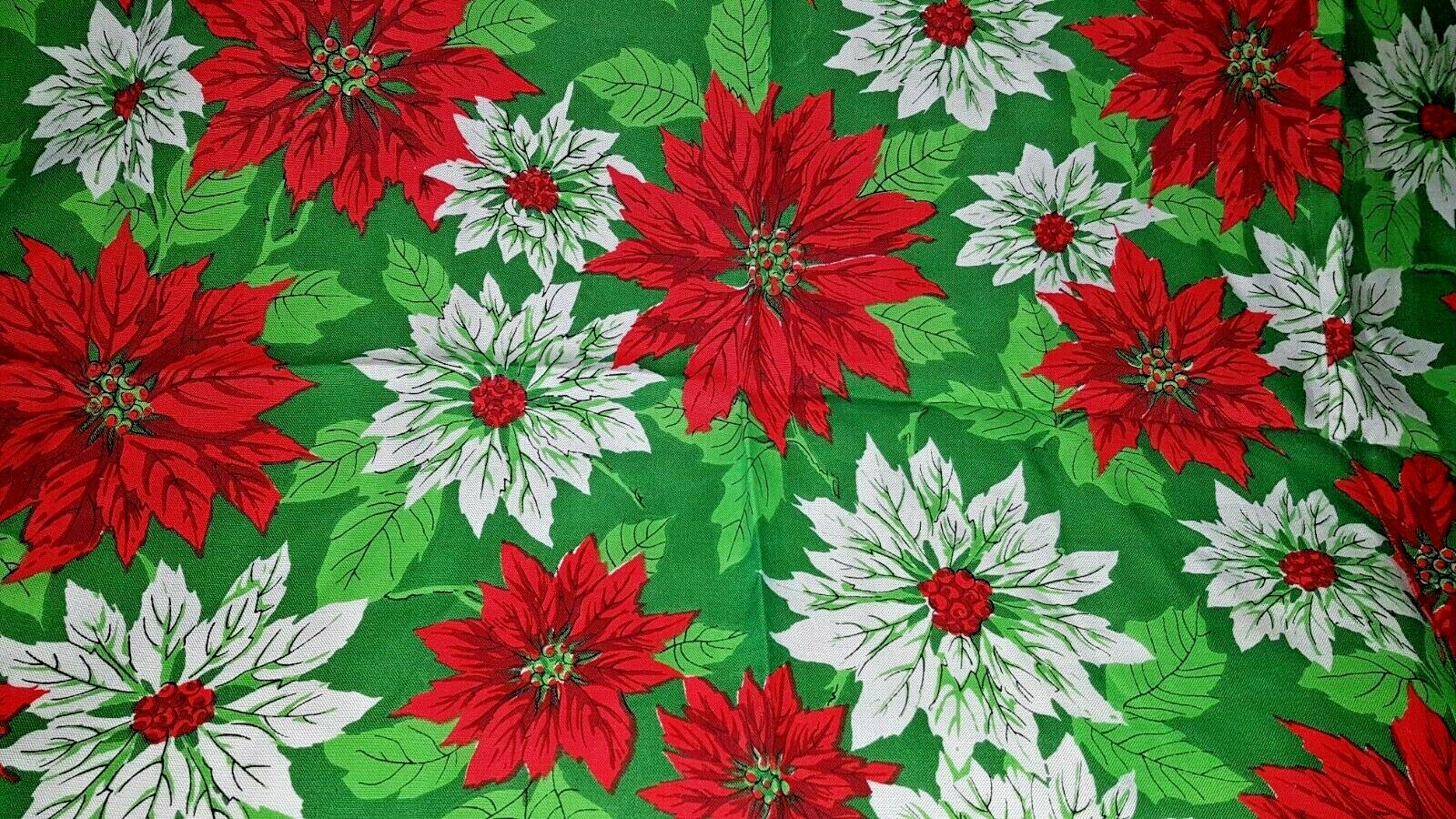 Vintage Tablecloth Linen Cutter Christmas Poinsettias REd White GREen
