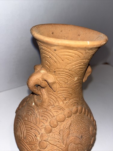 Clay Tera Cotta Pottery Vase with Elephant Handles Incised Carved 7” - Picture 4 of 13