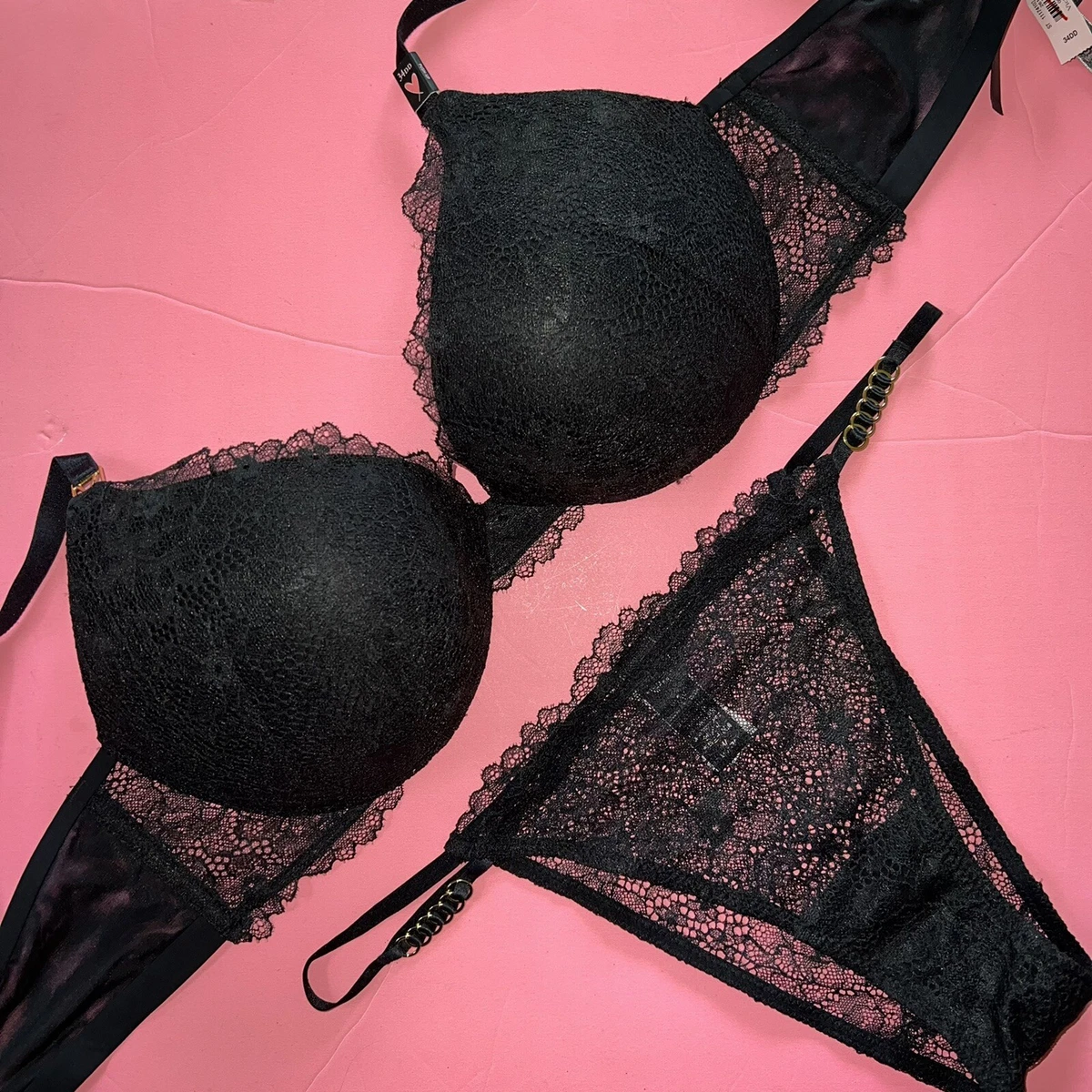 Victoria s Secret 34DD BRA SET M string panty BLACK lace gold VERY SEXY plunge