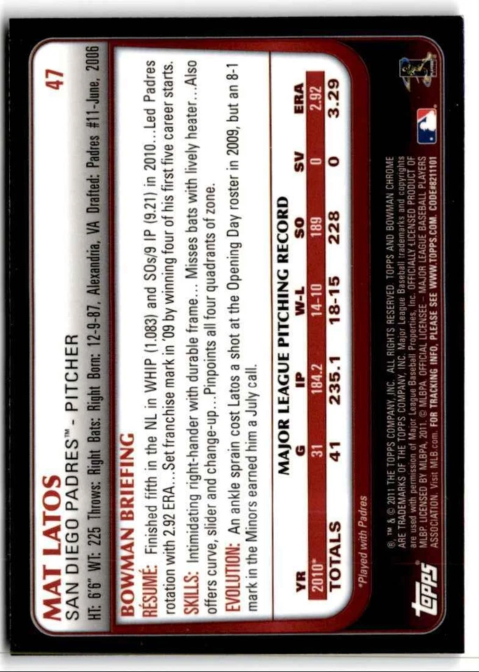 Bowman Chrome Mat Latos 2011, San Diego Padres #47 Foto 2 de 2