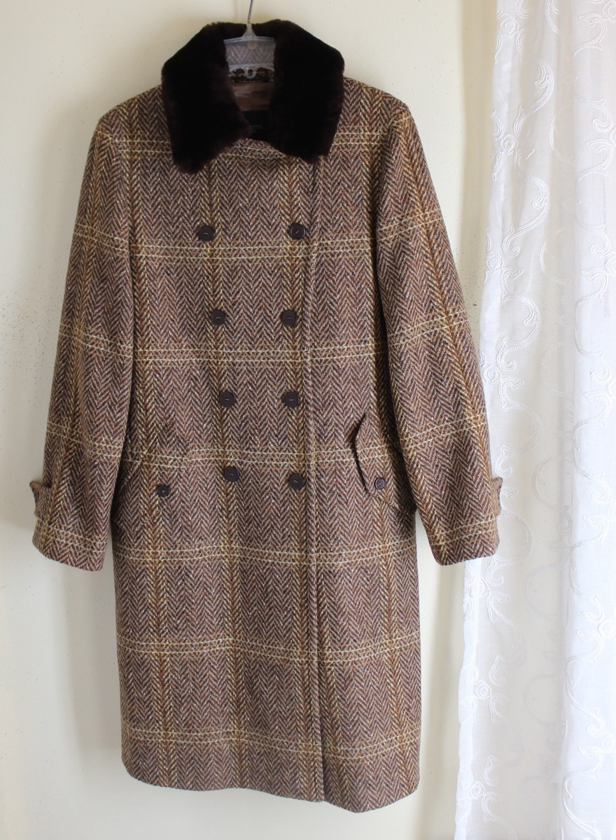 Max Mara Weekend Sz 8 M Rich Woven Brown Wool Tweed Coat with Lamb