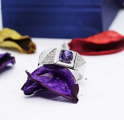 3Ct Round Cut Lab Created Amethyst Men's Wedding Band Ring 14k White Gold Plated - Picture 5 of 10