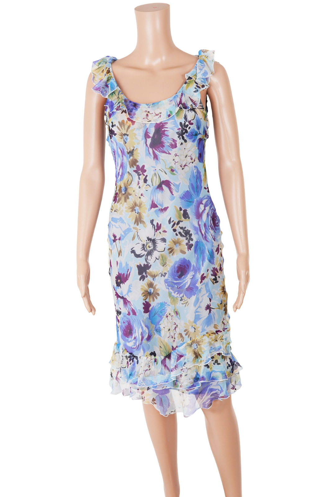 Abito Vintage Seta Floreale Azzurro Volant Sottoveste Elegante Donna S