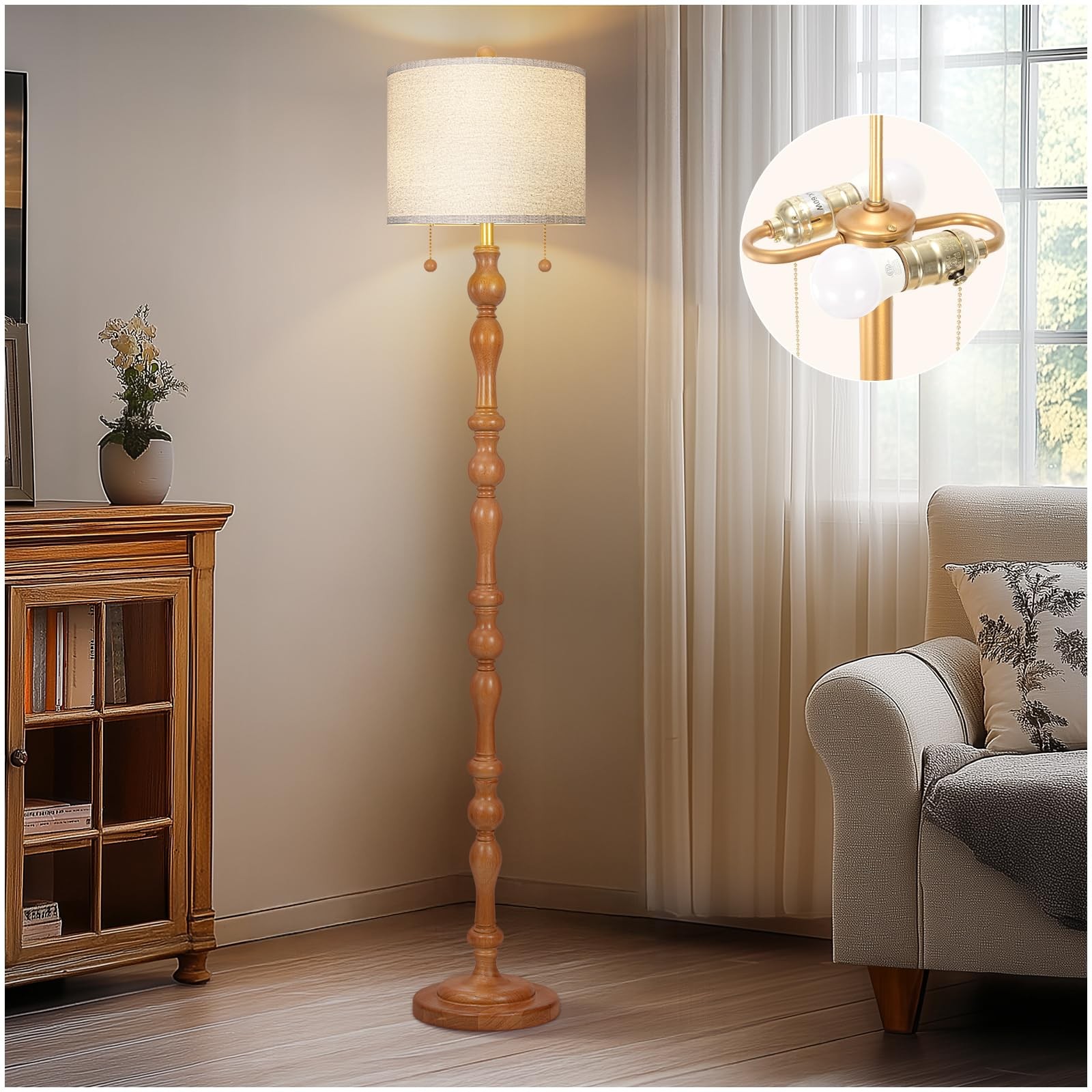 65.5 Inch Natural Wood Floor Lamp with S Cluster Pull Chains and Dual Switch - Wooden Base