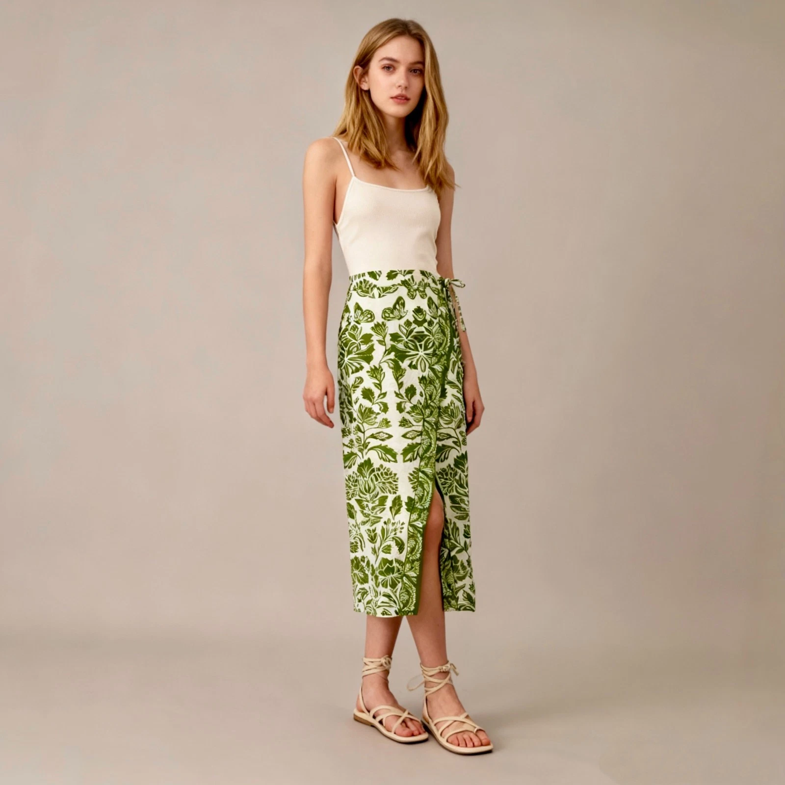 NWOT FARM RIO Floral Beaded Tassels Linen-blend Midi Skirt In Green Size XL