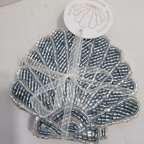 NEW! Beaded Blue Sea Shell Coasters Set of 4 Satin Back Made In India - Picture 4 of 6