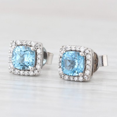 1.76ctw Cushion Blue Topaz Diamond Halo Stud Earrings 14k White Gold Studs