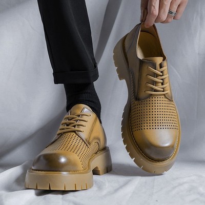 Mens Round Toe Breathable Hollow Out Lace Up Formal Dress Shoes Thick Soled Heel