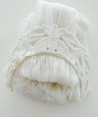 Vintage Beaded Headband Double-Layer Lace-Trim Net Wedding Veil :  Off-White