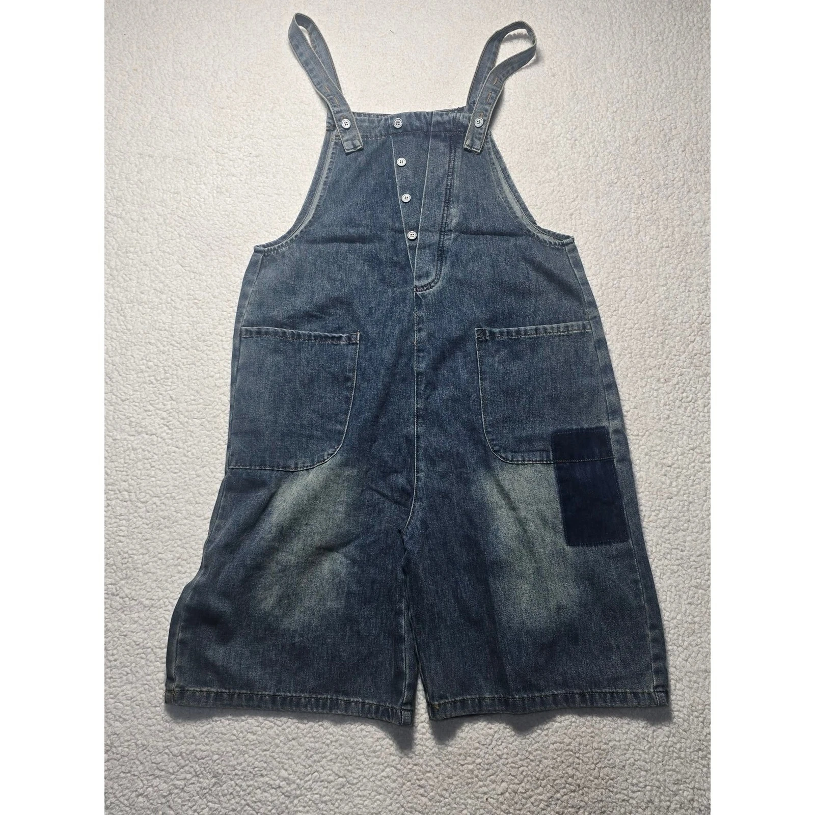 Nsw Tw Denim Overall Shorts XXL Blue Patchwork Button Front Wide Leg Bib Romper