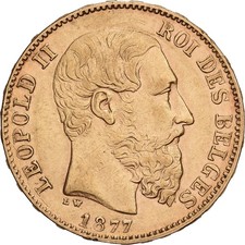[#1550030] Belgium, Leopold II, 20 Francs, 20 Frank, 1877, Brussels, Gold, AU, K