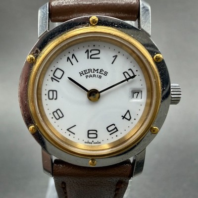 新品電池交換済 エルメス クリッパー 24mm アイボリーダイヤル レディース Hermès Clipper watch Women 24mm White Dial Two Tone Date Round New