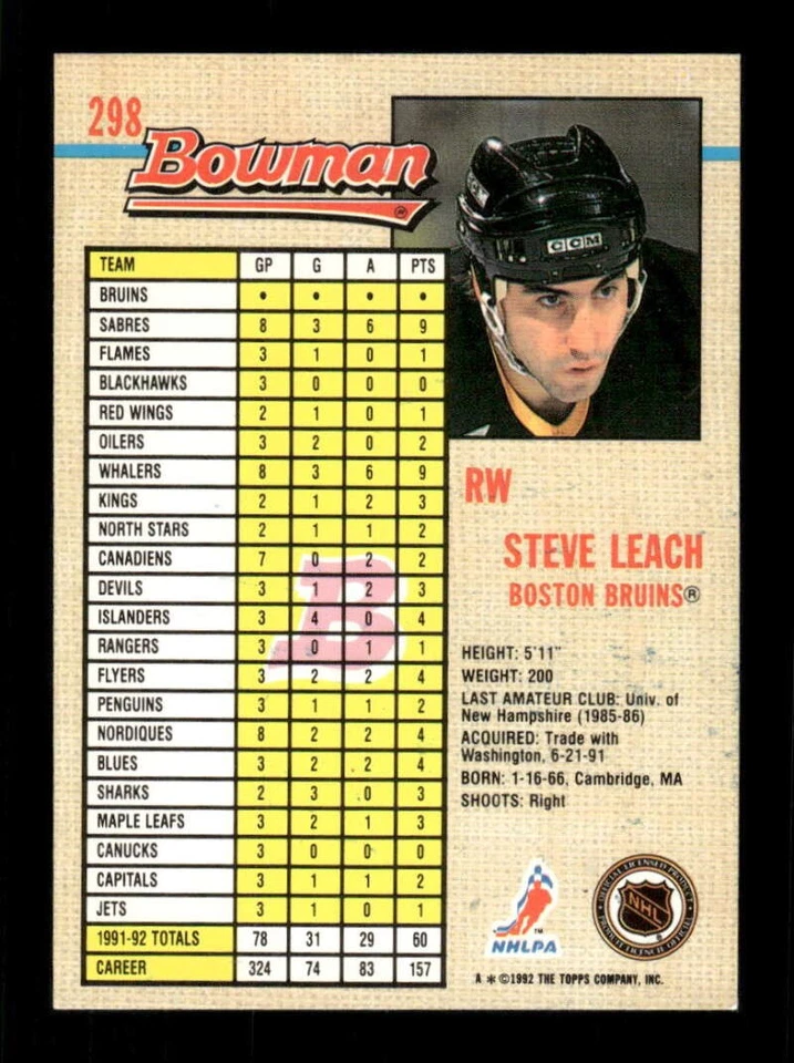 1992 Bowman Hockey 298 Steve Leach Bruins signed auto autograph tough BXCP46 - Image 2 of 2